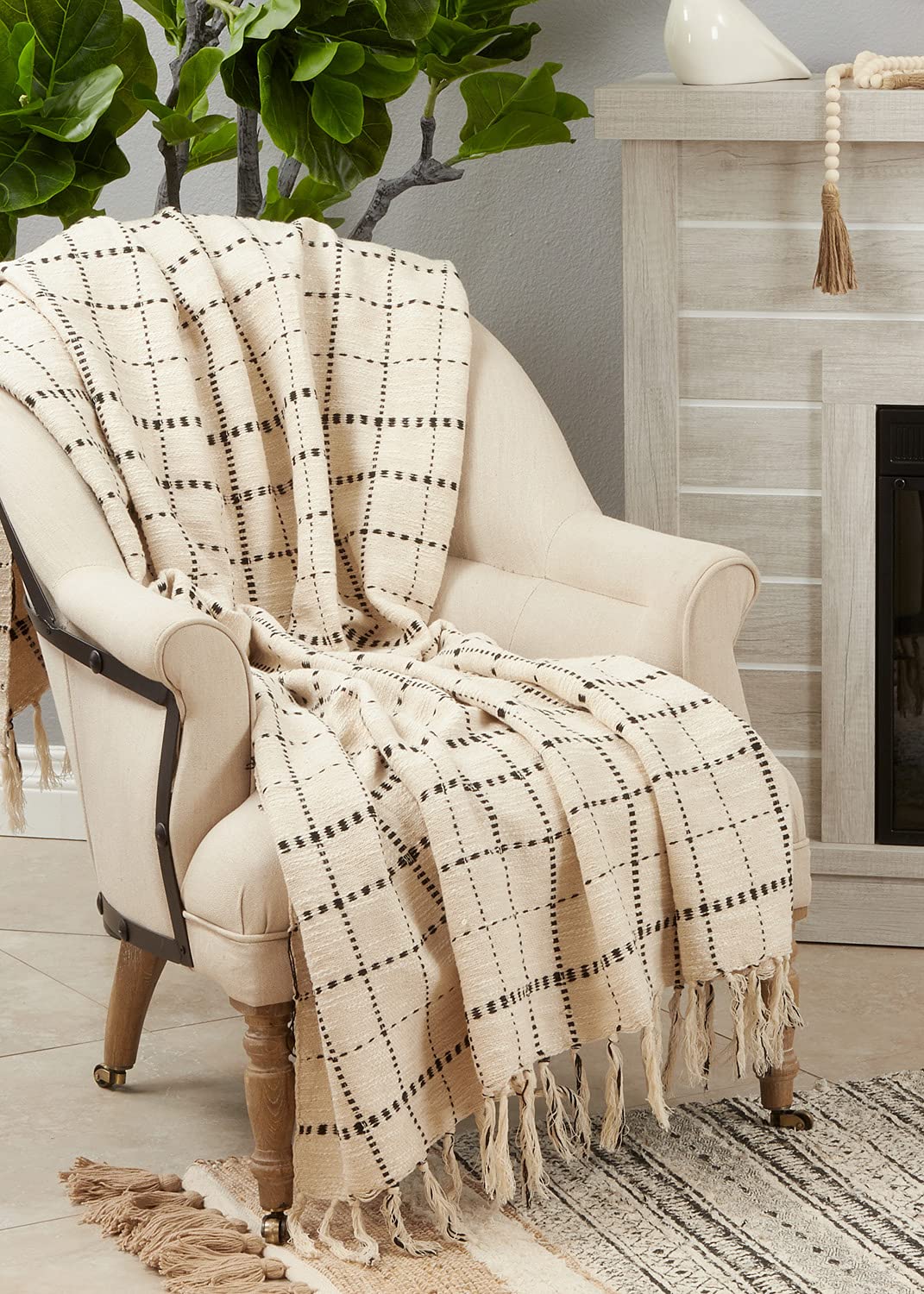 Fennco Styles Dashed Line Tassel Cotton Throw Blanket 50" W x 60" L – Natural Blanket for Couch, Bedroom and Living Room Décor