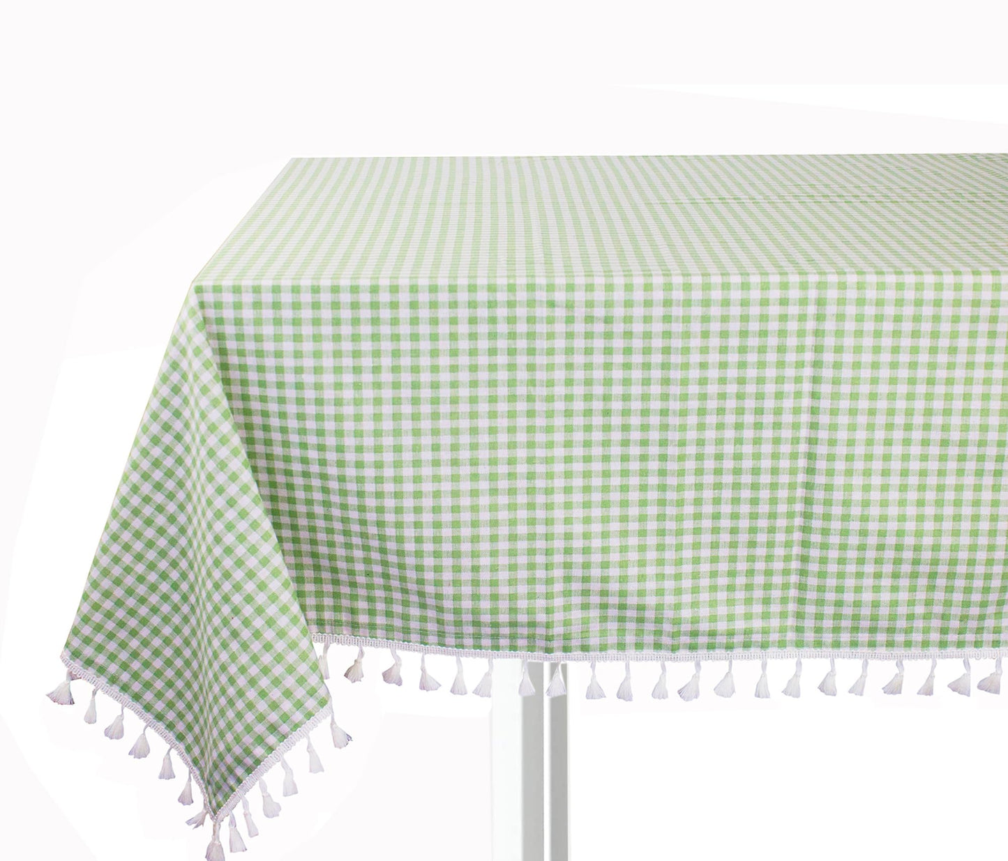 Fennco Styles Simply Striped Tassel Cotton Blend 55 x 55 Inch Tablecloth - Green Table Cover for Banquets, Holiday, Special Events, Outdoor and Home Décor