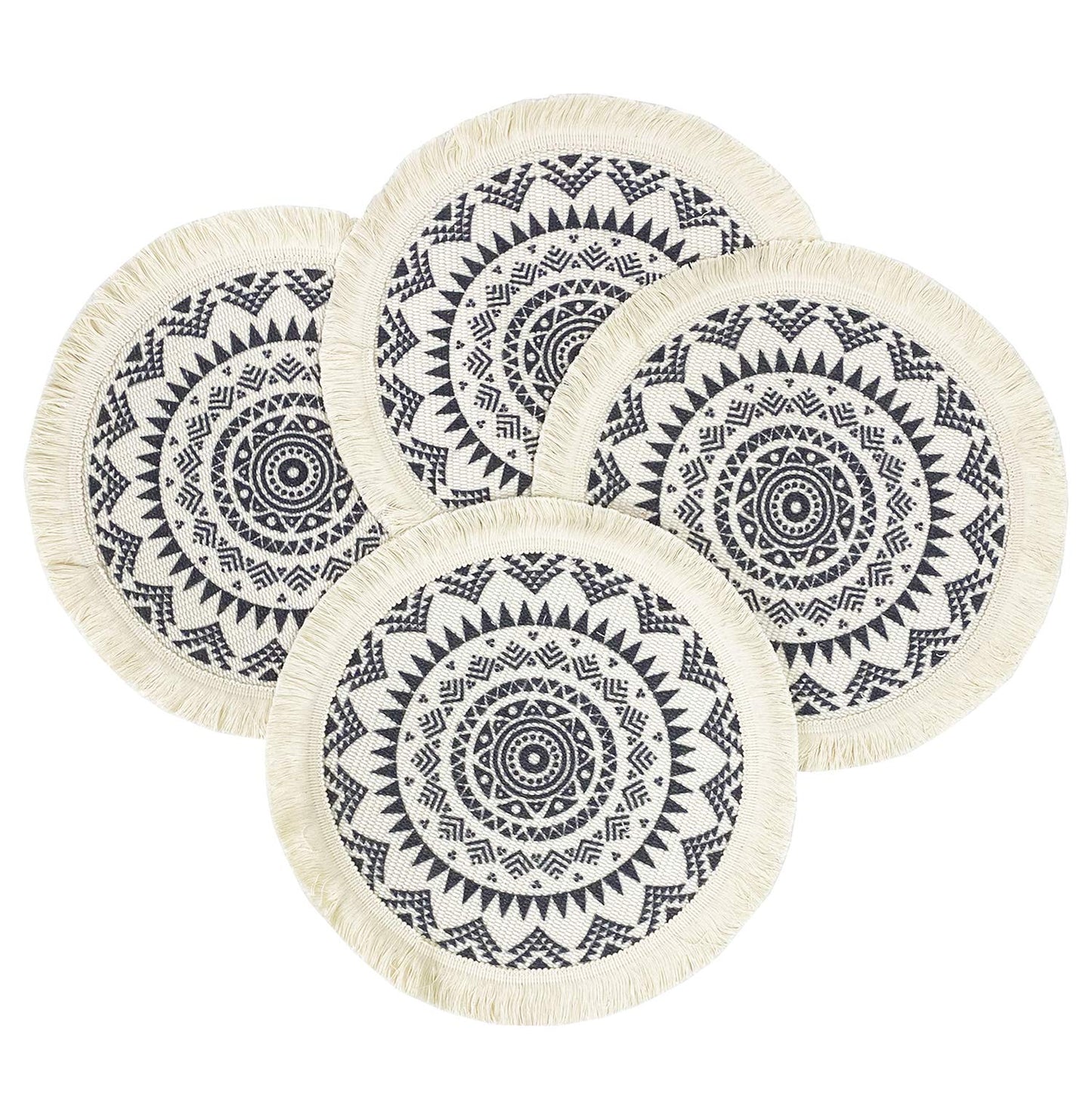 Fennco Styles Boho Mandala Fringe Decorative Cotton Placemats 13-inch Round, Set of 4 - Grey Heat Resistant Insulation Table Mats for Home Decor, Dining Table, Banquets and Special Events