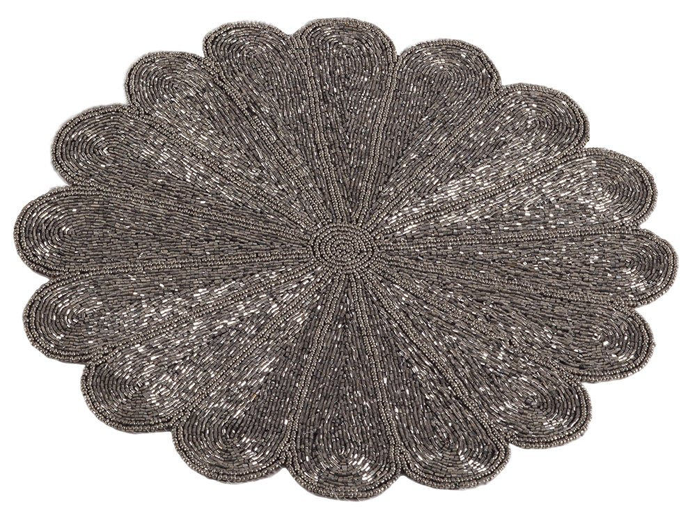 Fennco Styles Flower Design Handmade Beaded 15-inch Round Placemat - 1-Piece - Elegant Table Mat for Banquets, Family Gathering, Special Events and Home Décor