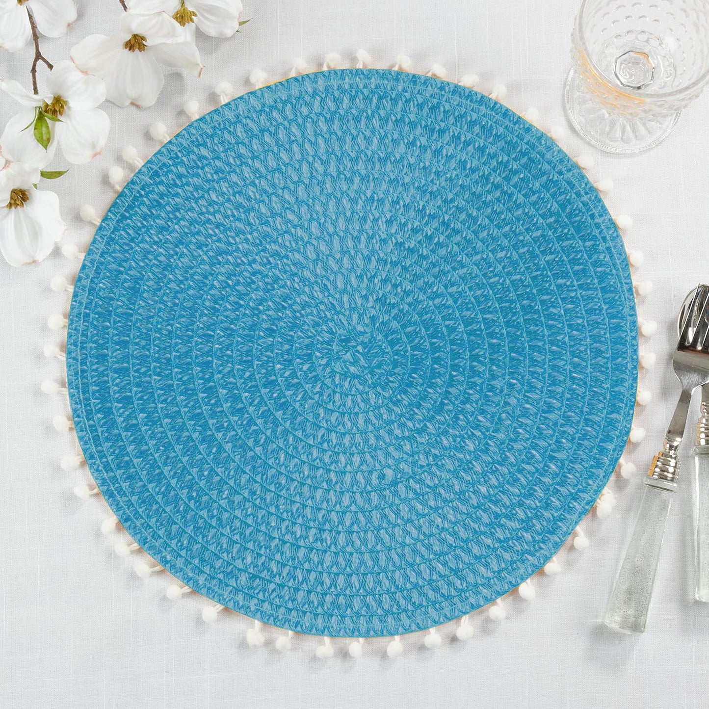 Fennco Styles Pom Pom Textured Placemats 15 Inches Round, Set of 4 – Modern Traycloth Table Mats for Home, Dining Room Décor, Banquets, Indoor & Outdoor and Special Events