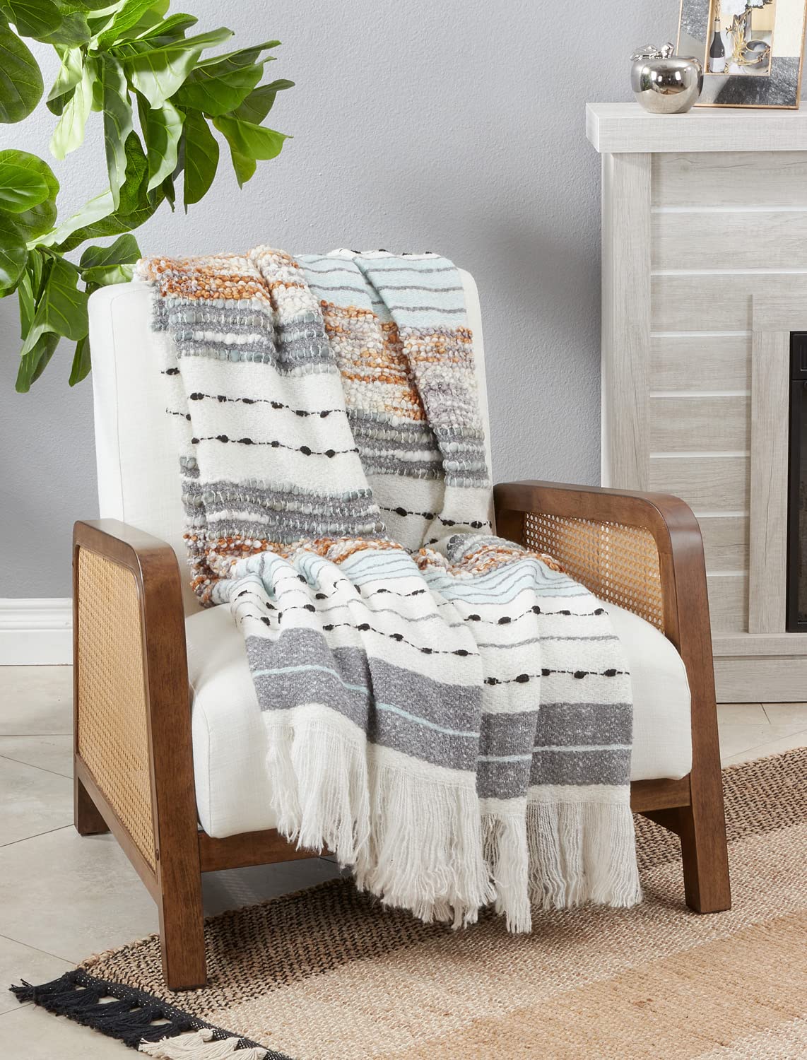 Fennco Styles Chunky Woven Striped Throw Blanket with Fringe 50" W x 60" L - Grey Textured Blanket for Couch, Bedroom, Living Room and Office Décor