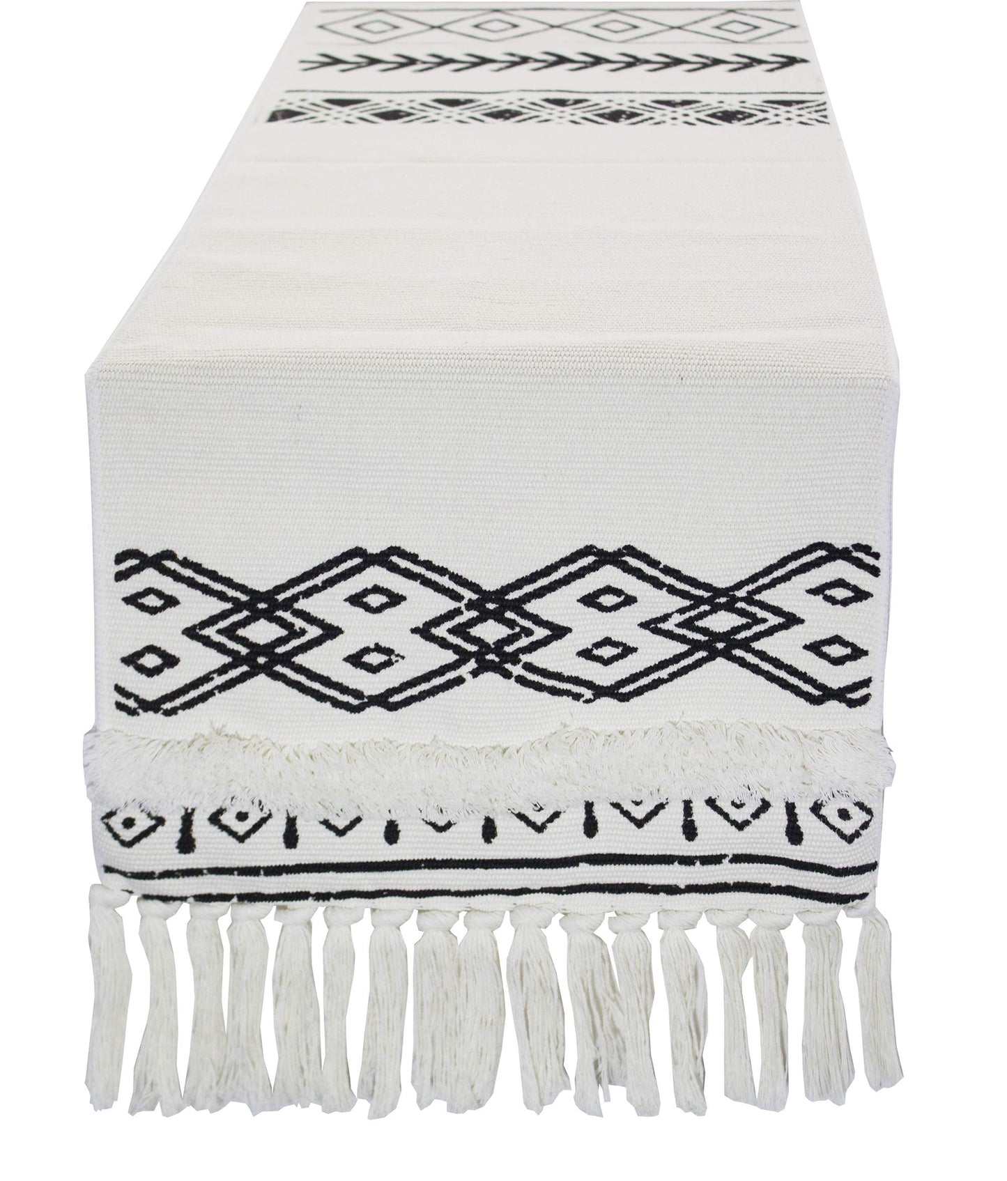 Fennco Styles Boho Farmhouse Woven Fringe Tasseled 14 x 71 Inch Tribal Table Runner – White and Black Table Runner for Everyday Use, Dinner Parties, Special Events and Home Décor