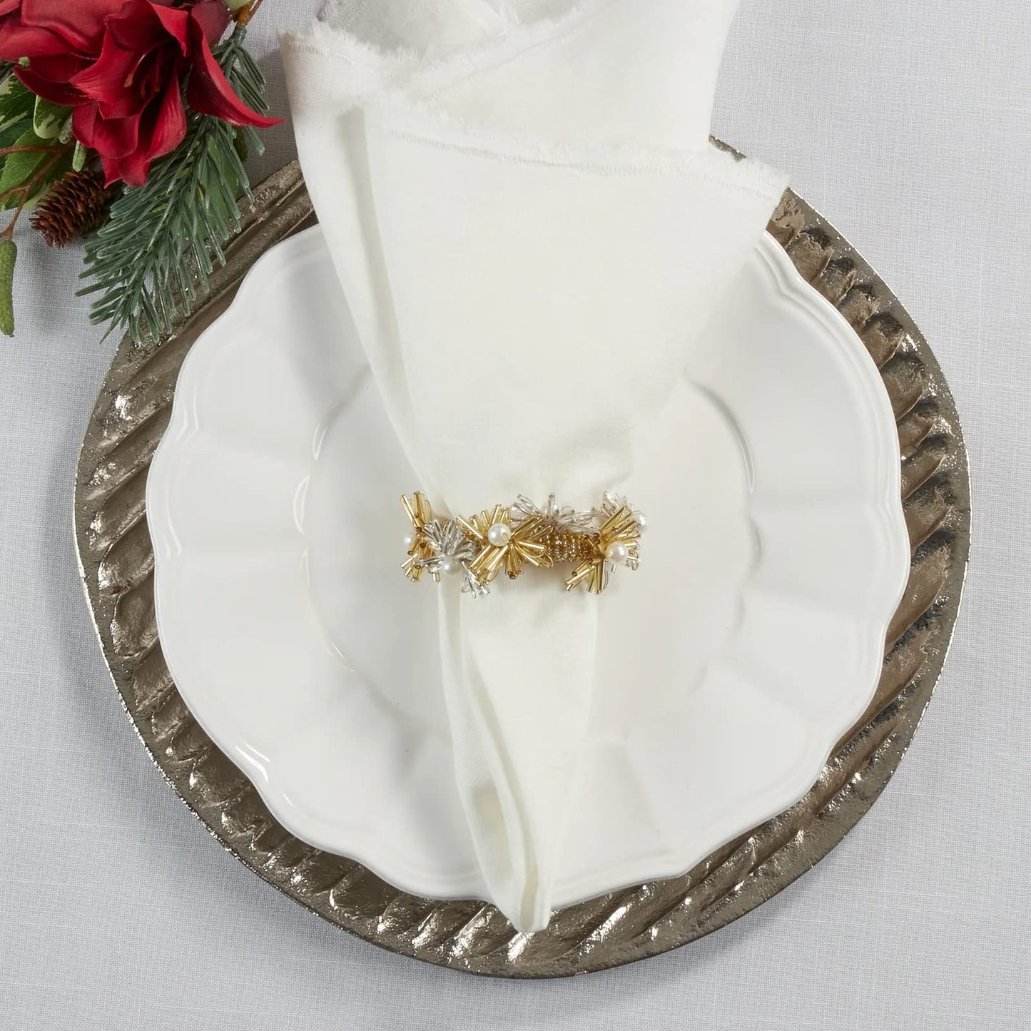 Fennco Styles Hand Beaded Flower Metal Napkin Rings, Set of 4 - Glass Beads Napkin Holders for Christmas, Home, Dining Room, Banquet, Family Gathering, Holiday and Special Occasion
