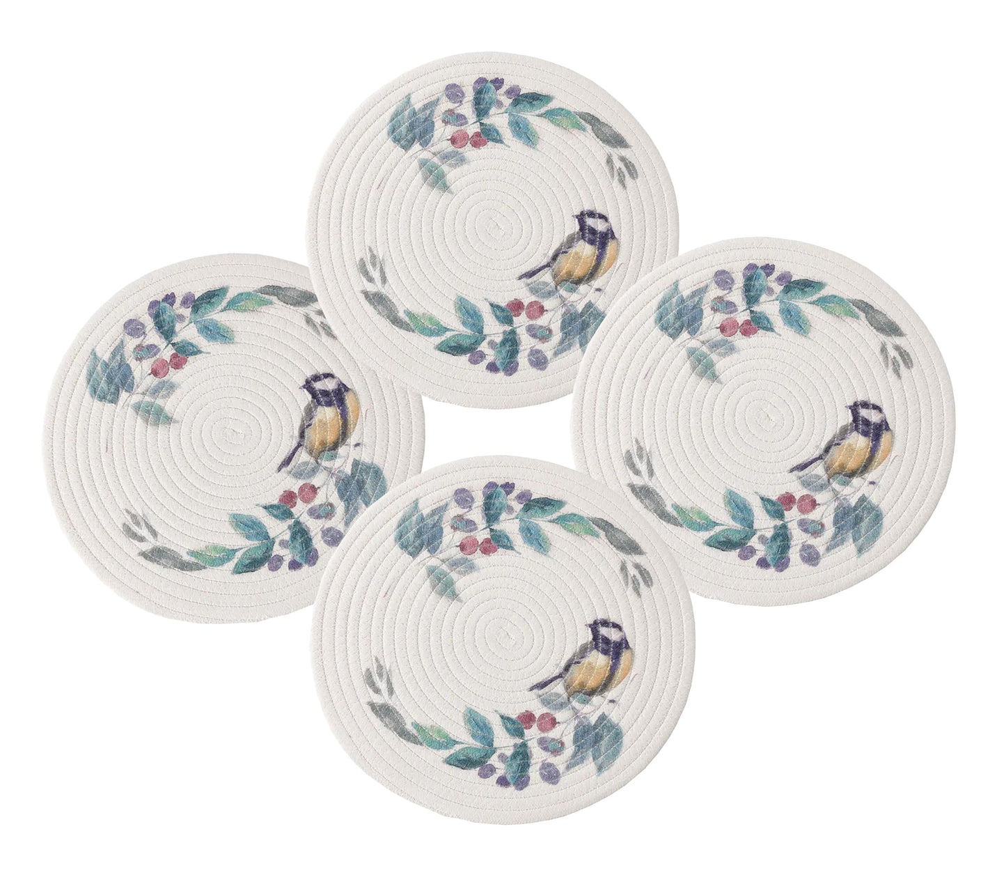 Fennco Styles Rabbit & Botanical Print Cotton Blend Woven Placemats 12" Round, Set of 4 - Cartoon Animal Design White Table Mats for Home Décor, Dining Table, Banquet, Holiday and Family Gathering