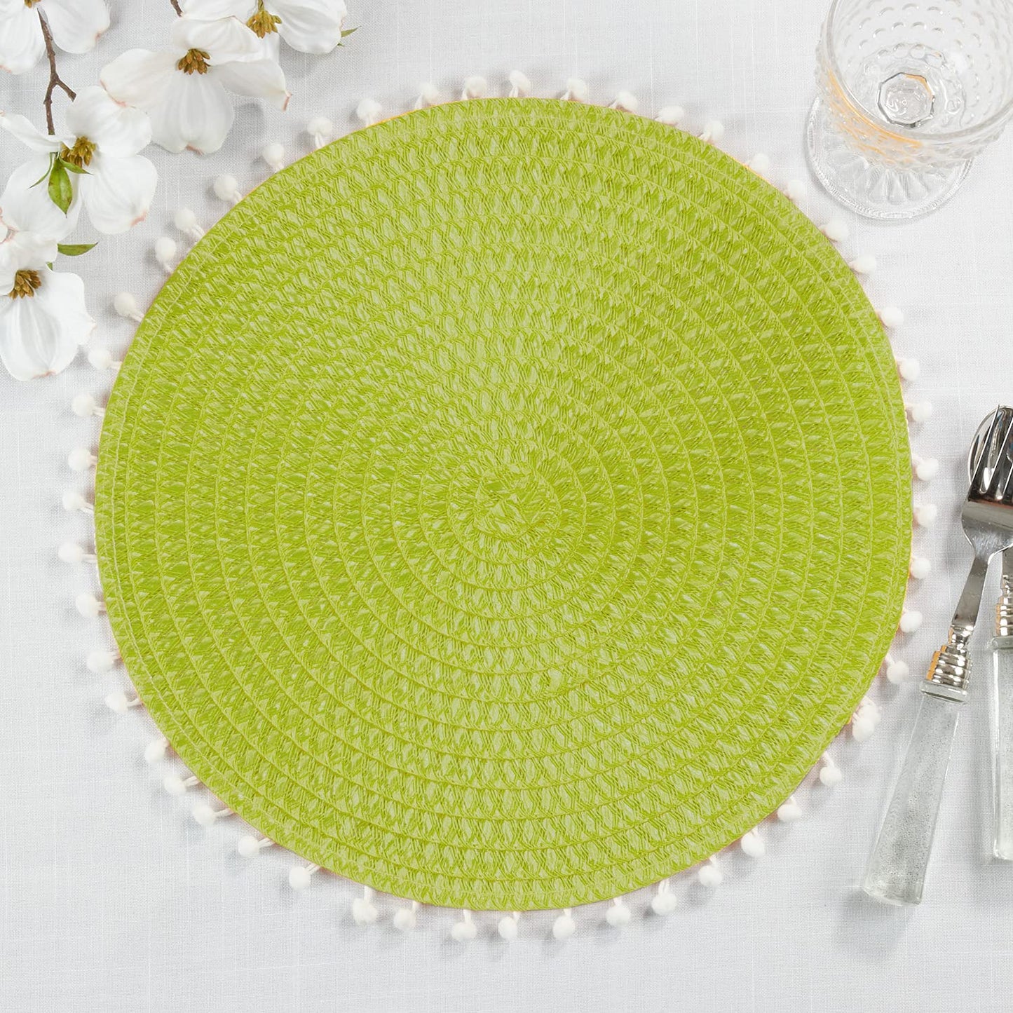 Fennco Styles Pom Pom Textured Placemats 15 Inches Round, Set of 4 – Modern Traycloth Table Mats for Home, Dining Room Décor, Banquets, Indoor & Outdoor and Special Events