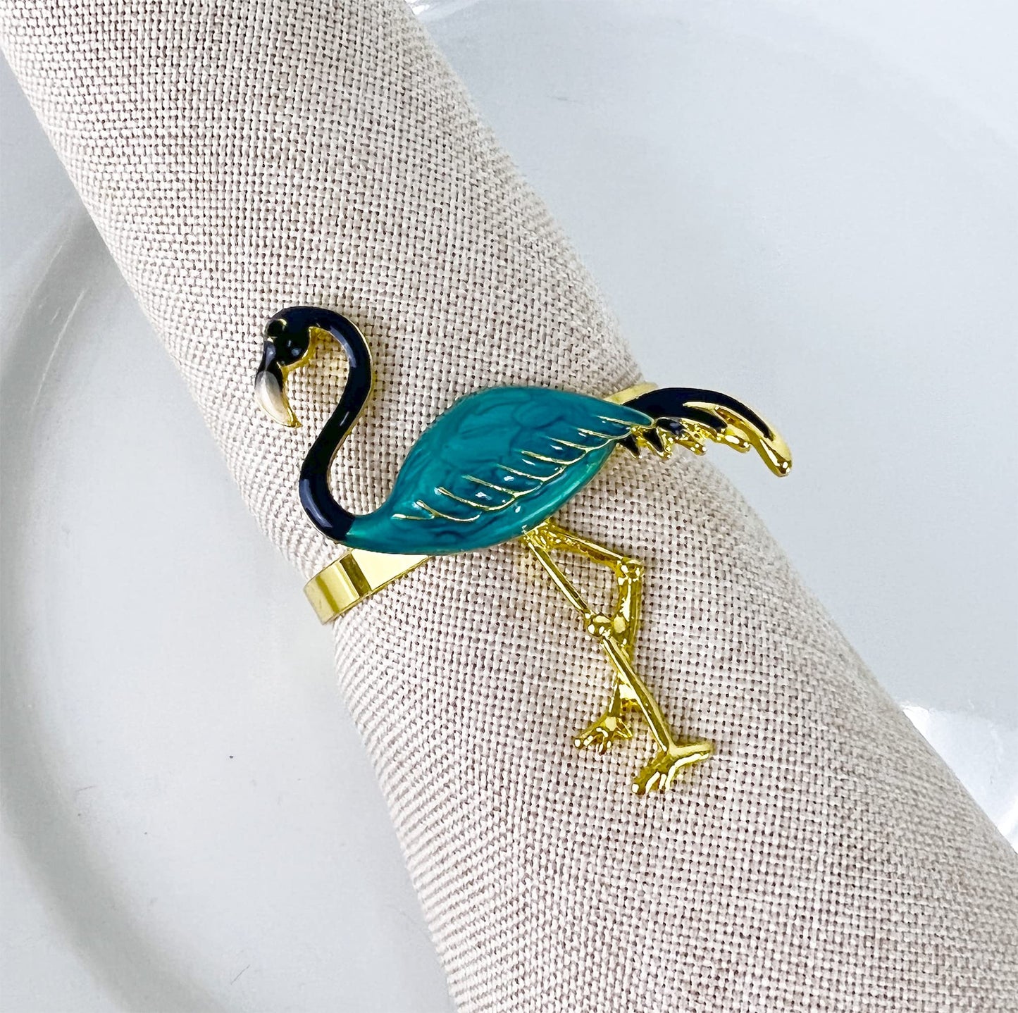 Fennco Styles Enamel Glazed Flamingo Metal Napkin Rings, Set of 4 - Beige Decorative Napkin Holders for Home, Dining Room, Banquets, Family Gatherings, Holidays and Special Occasions