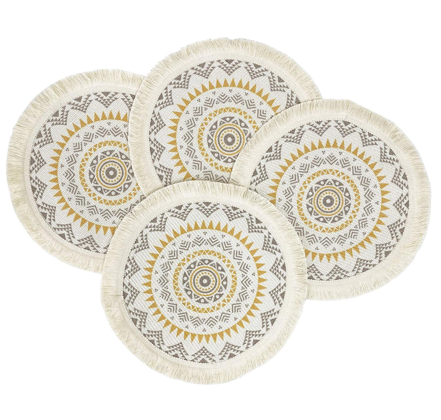 Fennco Styles Boho Mandala Fringe Decorative Cotton Placemats 13-inch Round, Set of 4 - Grey Heat Resistant Insulation Table Mats for Home Decor, Dining Table, Banquets and Special Events