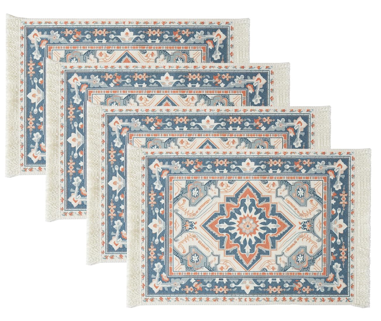 Fennco Styles Antique Turkish Printed with Fringe Placemats 14" W x 19" L, Set of 4 - Brown Oriental Woven Table Mats for Dining Room, Banquets, Family Gatherings, and Holidays