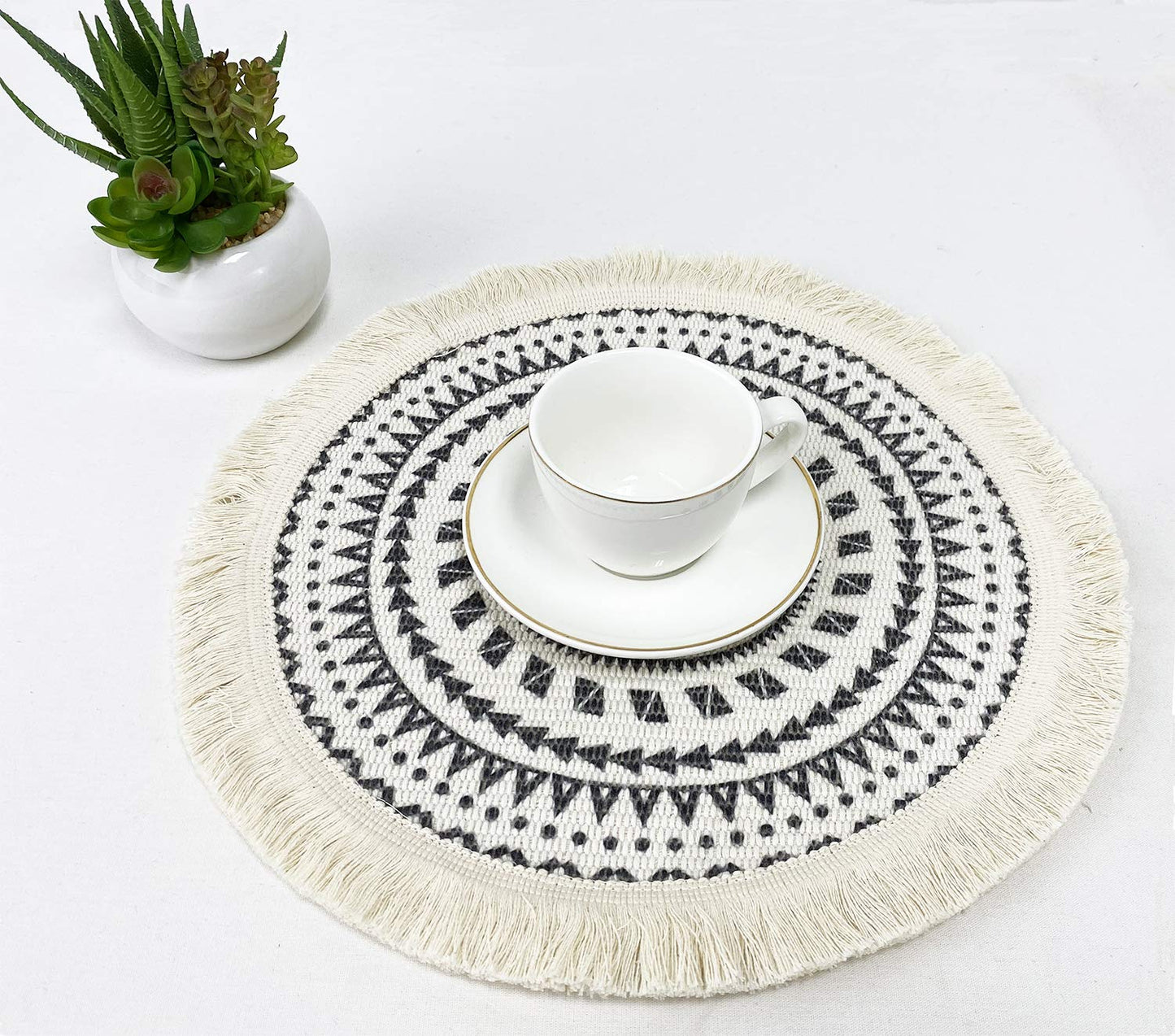 Fennco Styles Boho Geometric Fringe Decorative Cotton Placemats 13-inch Round, Set of 4 - Heat Resistant Insulation Table Mats for Home Decor, Dining Table, Banquets and Special Events
