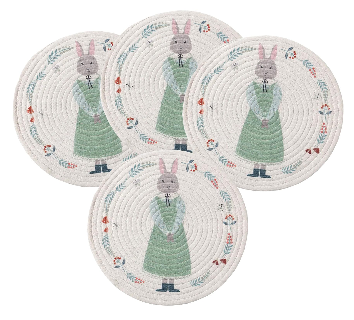 Fennco Styles Rabbit & Botanical Print Cotton Blend Woven Placemats 12" Round, Set of 4 - Cartoon Animal Design White Table Mats for Home Décor, Dining Table, Banquet, Holiday and Family Gathering