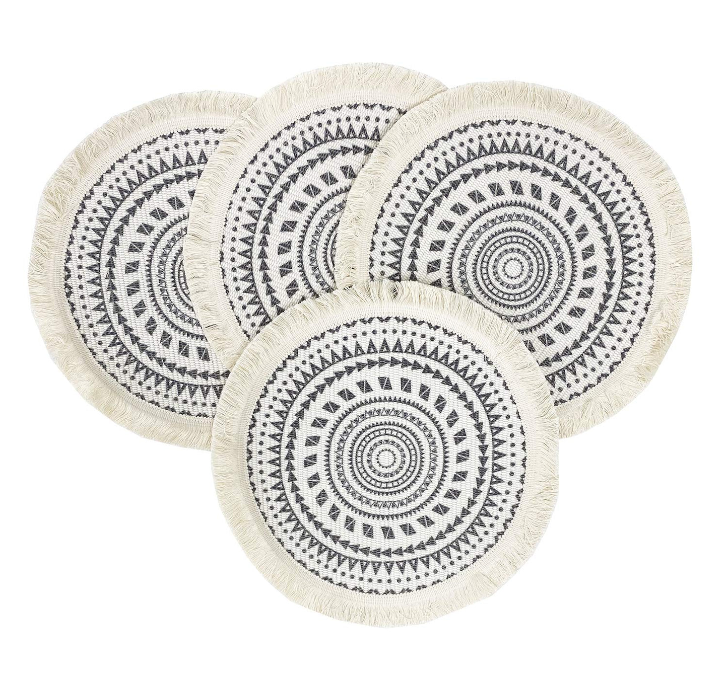 Fennco Styles Boho Geometric Fringe Decorative Cotton Placemats 13-inch Round, Set of 4 - Heat Resistant Insulation Table Mats for Home Decor, Dining Table, Banquets and Special Events