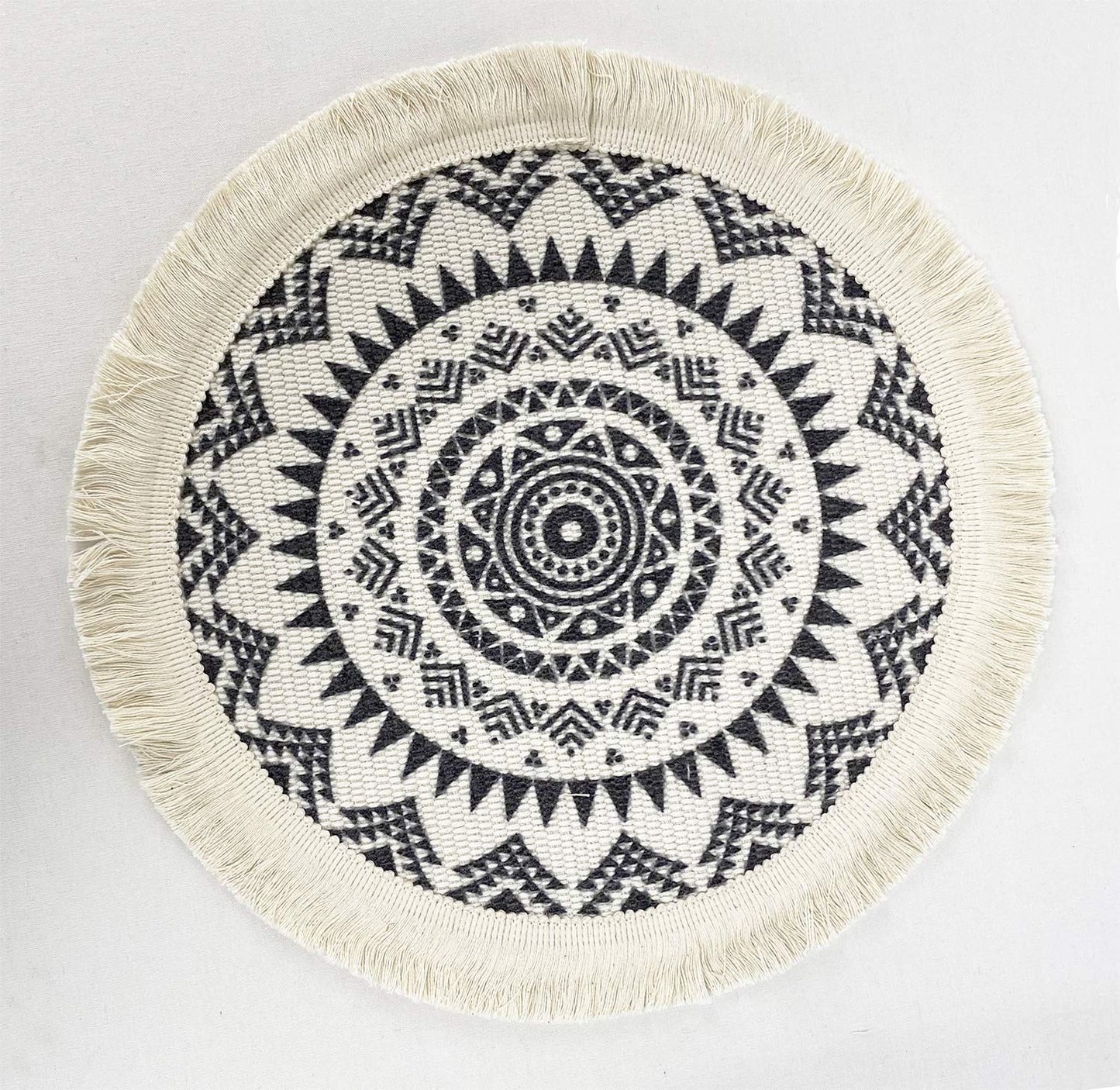 Fennco Styles Boho Mandala Fringe Decorative Cotton Placemats 13-inch Round, Set of 4 - Grey Heat Resistant Insulation Table Mats for Home Decor, Dining Table, Banquets and Special Events