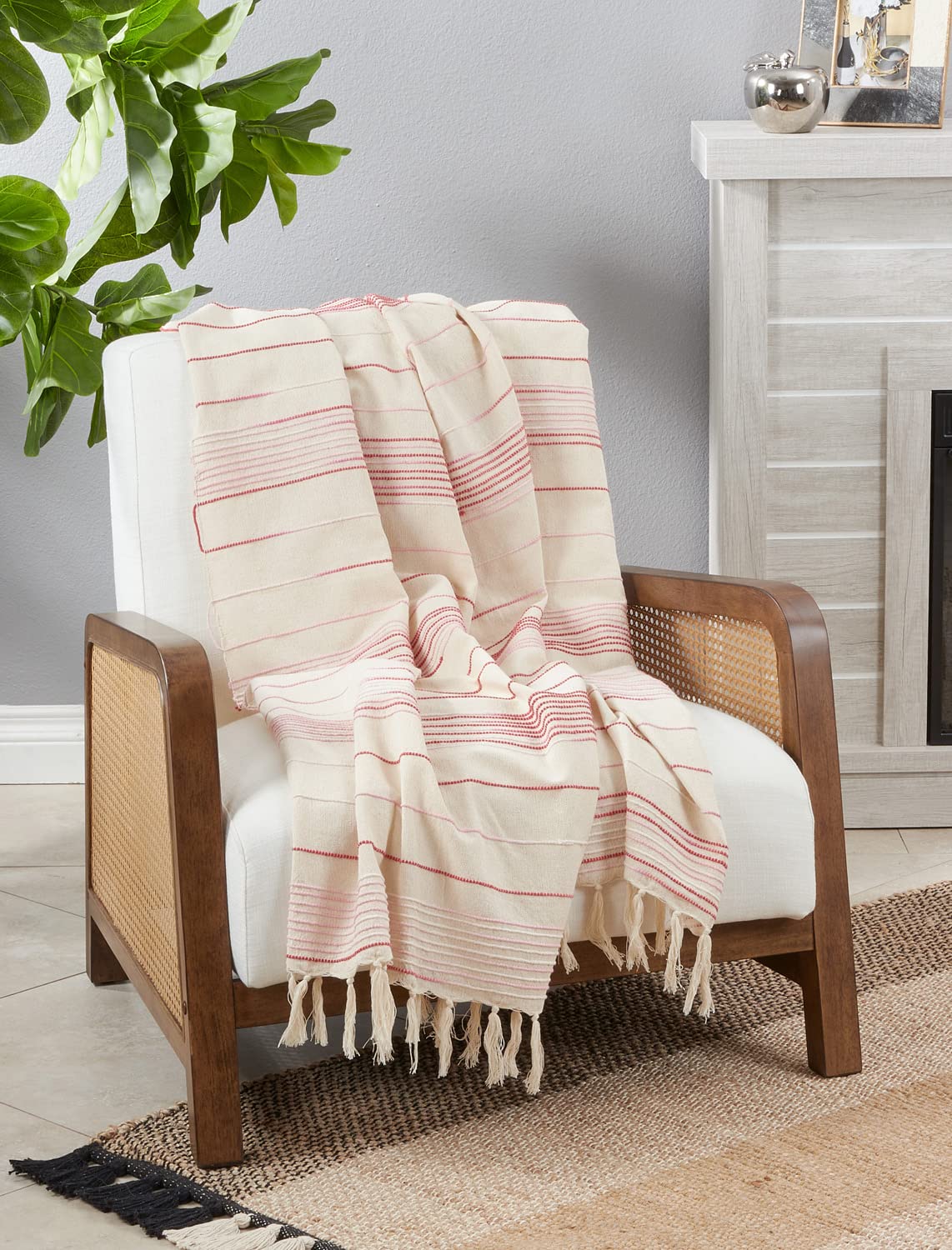 Fennco Styles Textured Stripe Cotton Throw Blanket with Tassel 50" W x 60" L – Red Woven Line Blanket for Couch, Bedroom and Living Room Décor