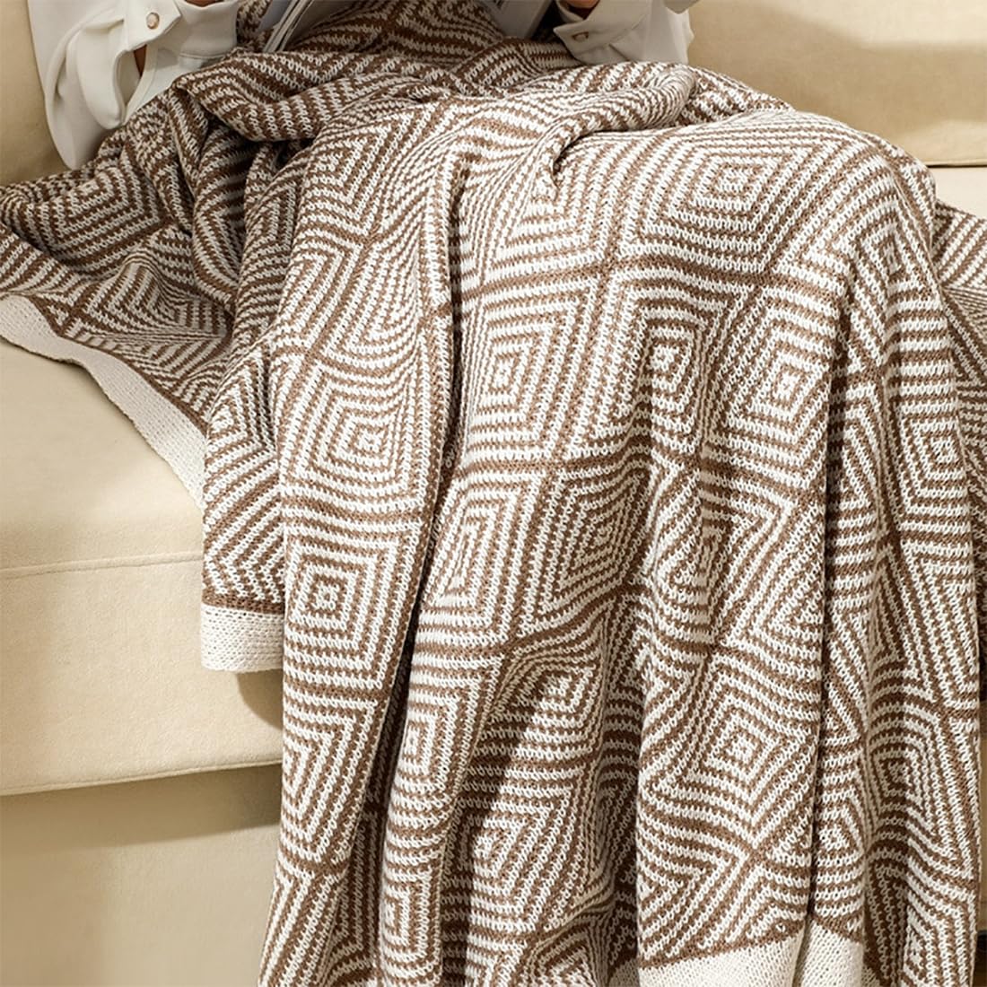 Fennco Styles Modern Diamond Knitted Throw Blanket with Tassel 50" W x 60" L – Taupe Geometric Pattern Lightweight Blanket for Couch, Bedroom, Living Room and Office Décor