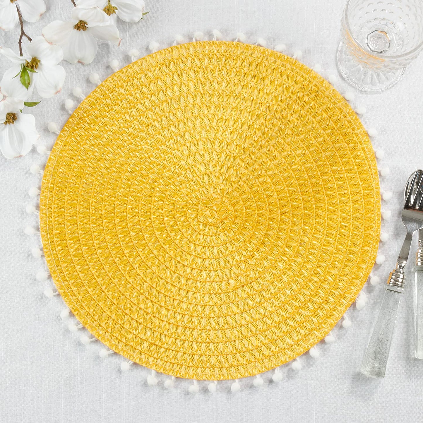 Fennco Styles Pom Pom Textured Placemats 15 Inches Round, Set of 4 – Modern Traycloth Table Mats for Home, Dining Room Décor, Banquets, Indoor & Outdoor and Special Events