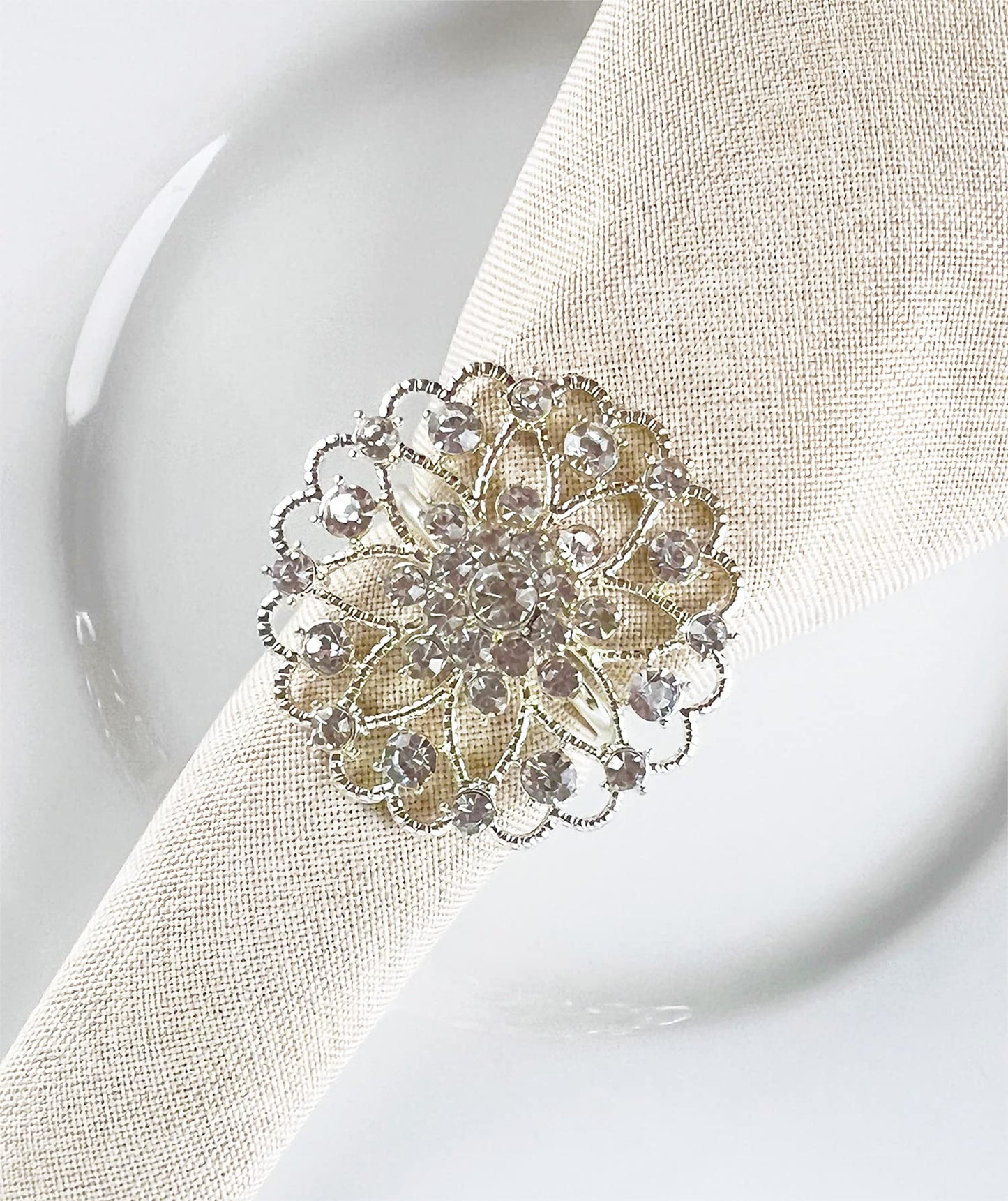 Fennco Styles Rhinestone Crystal Flower Napkin Rings Wedding Holiday Table Decoration - Set of 4