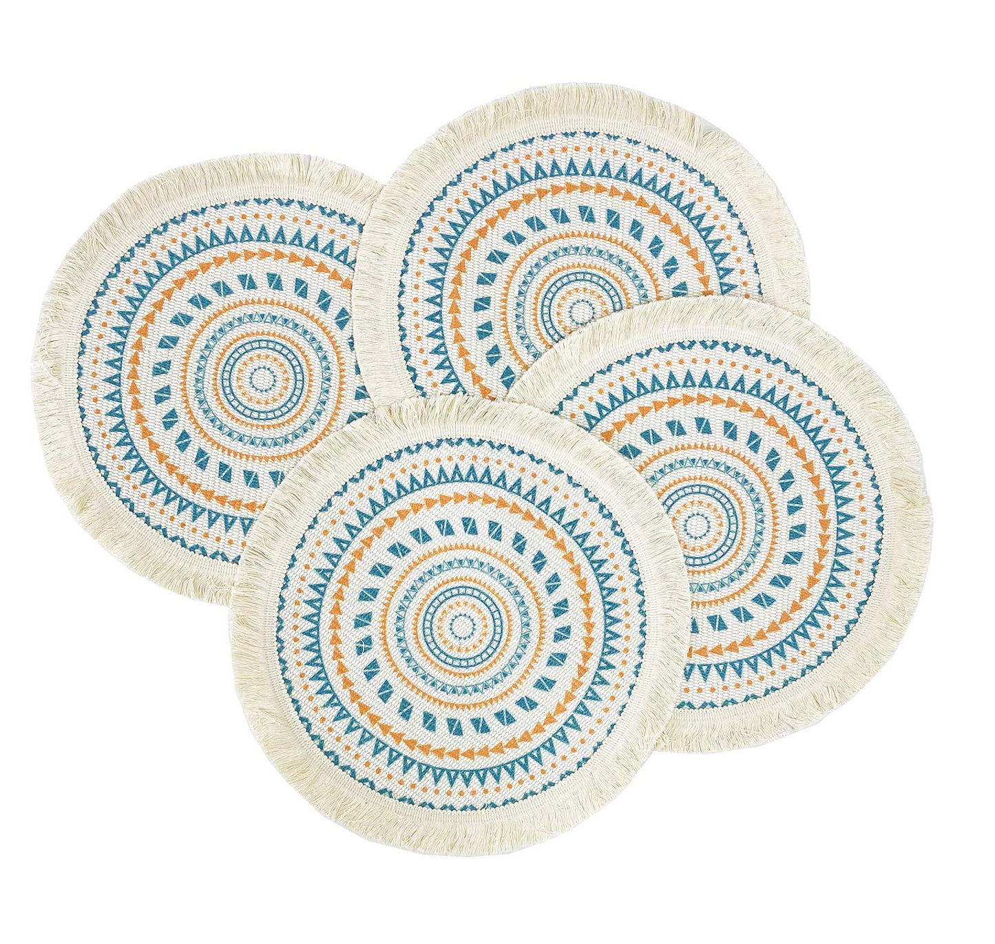 Fennco Styles Boho Geometric Fringe Decorative Cotton Placemats 13-inch Round, Set of 4 - Heat Resistant Insulation Table Mats for Home Decor, Dining Table, Banquets and Special Events