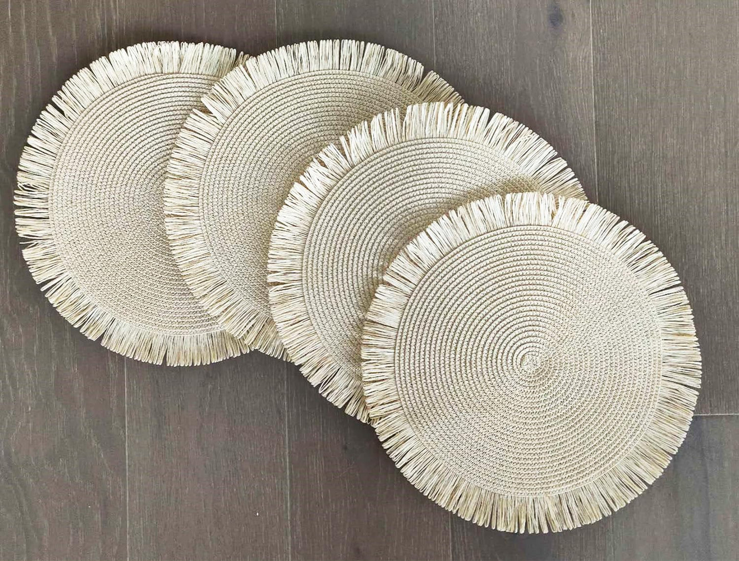 Fennco Styles Handwoven Fringe Boho Placemats 15" Round - Natural Braided Texture Table Mats for Home, Dining Room, Banquets, Family Gathering and Special Occasion
