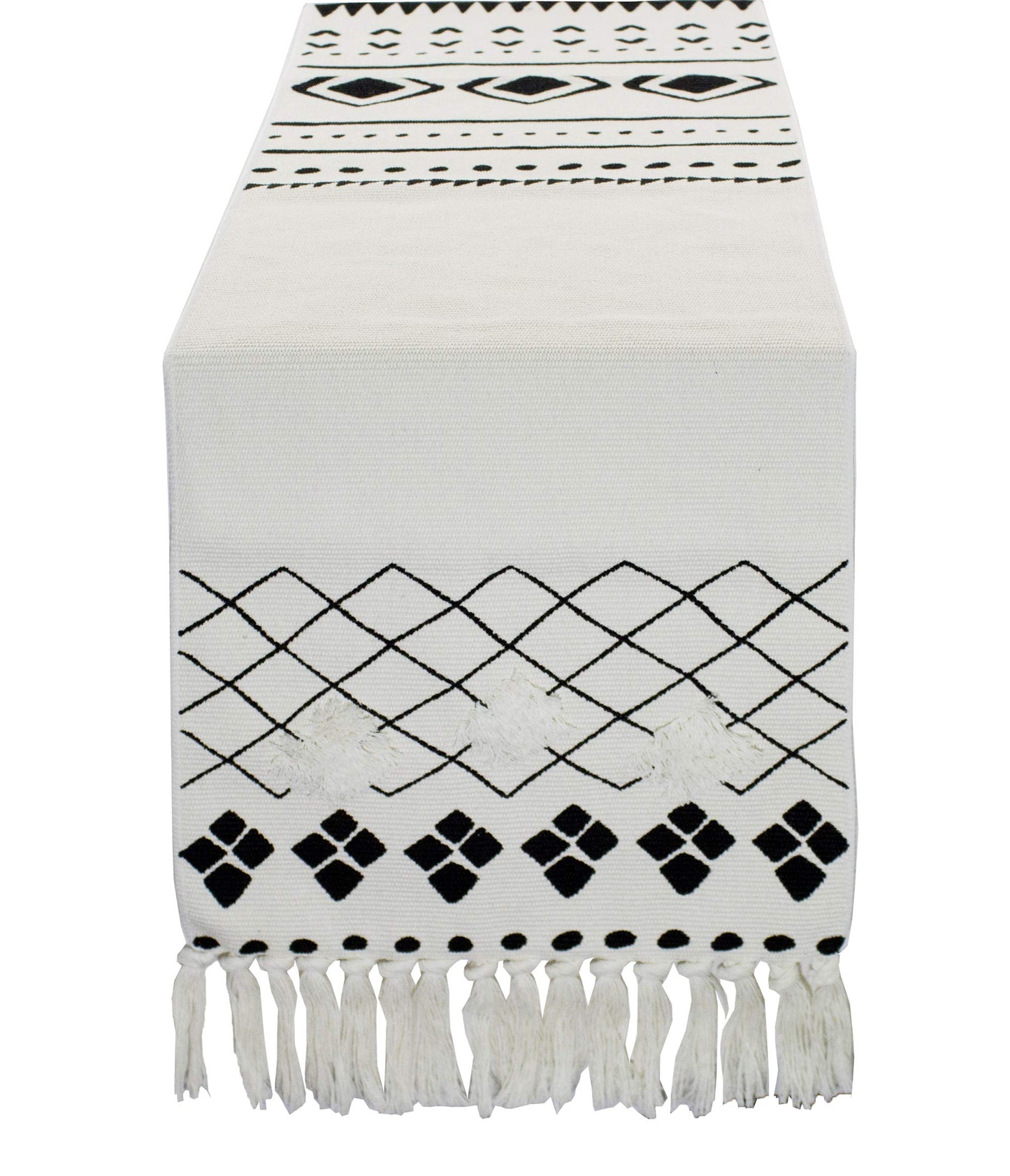 Fennco Styles Boho Farmhouse Woven Fringe Tasseled 14 x 71 Inch Tribal Table Runner – White and Black Table Runner for Everyday Use, Dinner Parties, Special Events and Home Décor