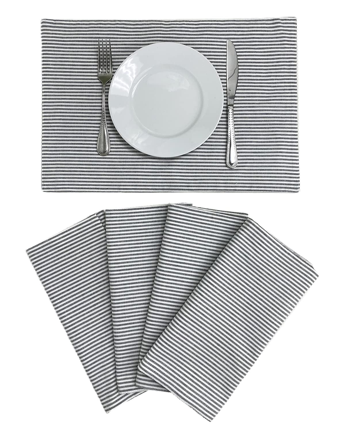 Fennco Styles Simple Ticking Stripes 100% Pure Cotton Placemats 13 x 19 Inch, Set of 4
