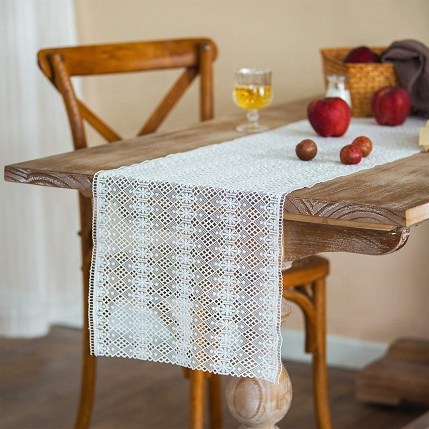 Fennco Styles Embroidered Geometric Floral Hollow Lace Table Runner 14" W x 71" L - White Table Cover for Home, Dining Table Decor, Banquet, Wedding and Special Event