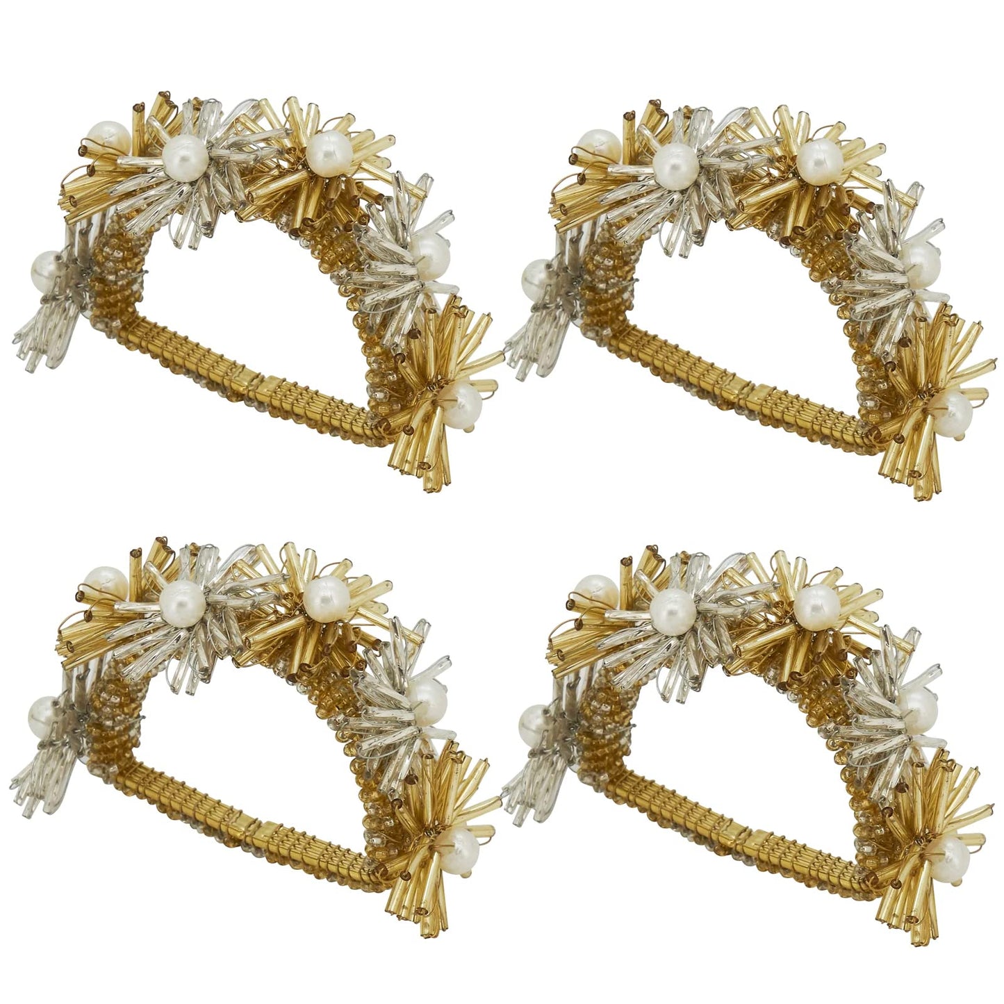 Fennco Styles Hand Beaded Flower Metal Napkin Rings, Set of 4 - Glass Beads Napkin Holders for Christmas, Home, Dining Room, Banquet, Family Gathering, Holiday and Special Occasion