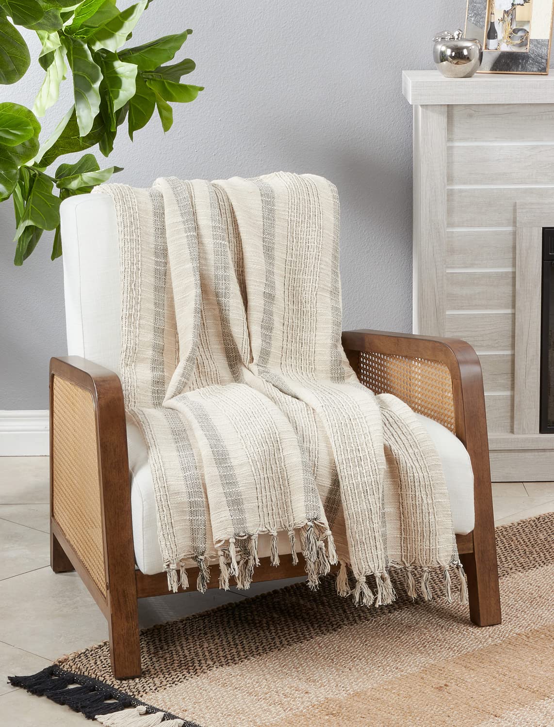 Fennco Styles Striped Woven Throw Blanket with Tassel 50" W x 60" L – Ivory Textured Blanket for Couch, Bedroom and Living Room Décor