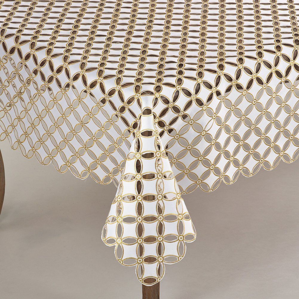 Fennco Styles Buche De Noel Collection Cutwork Design Tablecloth 67 x 67 Inch - Gold Table Cloth for Holiday, Banquets, Family Dinner and Special Events