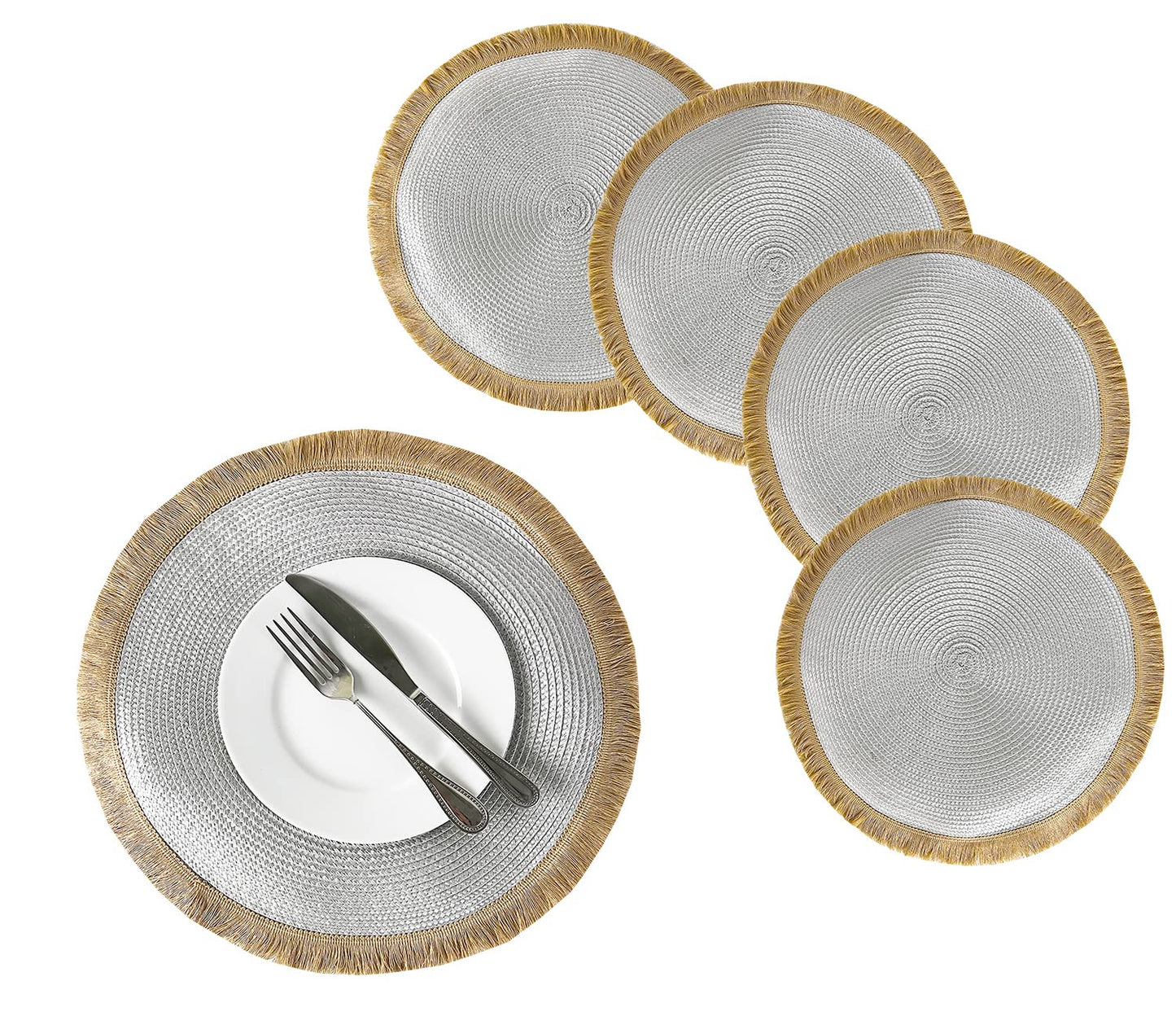Fennco Styles Hand Braided Fringe Boho Placemats 15 Inch Round, Set of 4 - Beige & White Woven Textured Table Mats for Home, Dining Room, Banquets, Family Gathering and Special Occasion