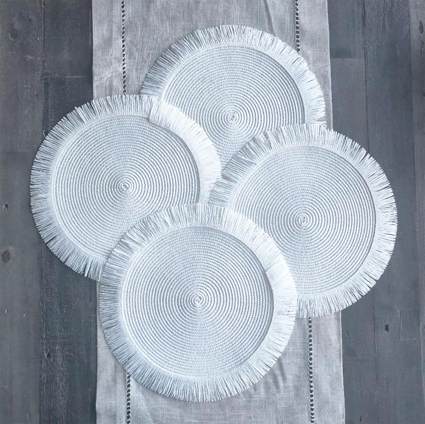 Fennco Styles Handwoven Fringe Boho Placemats 15" Round - Natural Braided Texture Table Mats for Home, Dining Room, Banquets, Family Gathering and Special Occasion