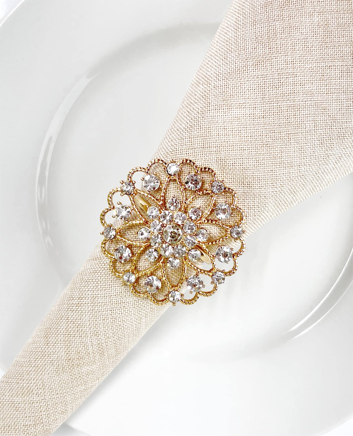 Fennco Styles Rhinestone Crystal Flower Napkin Rings Wedding Holiday Table Decoration - Set of 4