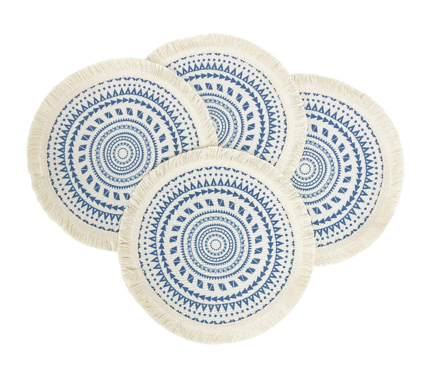 Fennco Styles Boho Geometric Fringe Decorative Cotton Placemats 13-inch Round, Set of 4 - Heat Resistant Insulation Table Mats for Home Decor, Dining Table, Banquets and Special Events