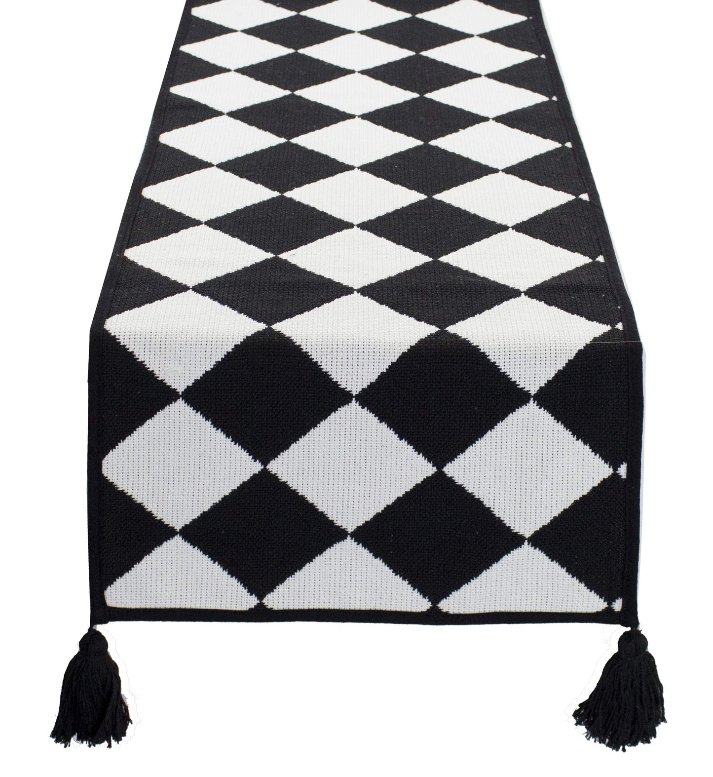 Fennco Styles Black and White Checker Woven Table Runner - 14 x 71 Inch Check Runner Table Centerpiece for Dining Home Decor, Indoor Parties, Holiday Events Tassel Table Runner