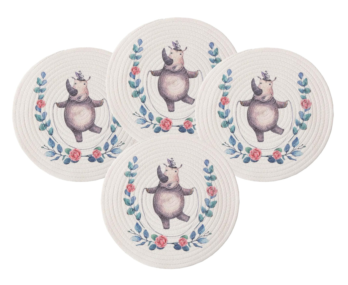 Fennco Styles Rabbit & Botanical Print Cotton Blend Woven Placemats 12" Round, Set of 4 - Cartoon Animal Design White Table Mats for Home Décor, Dining Table, Banquet, Holiday and Family Gathering