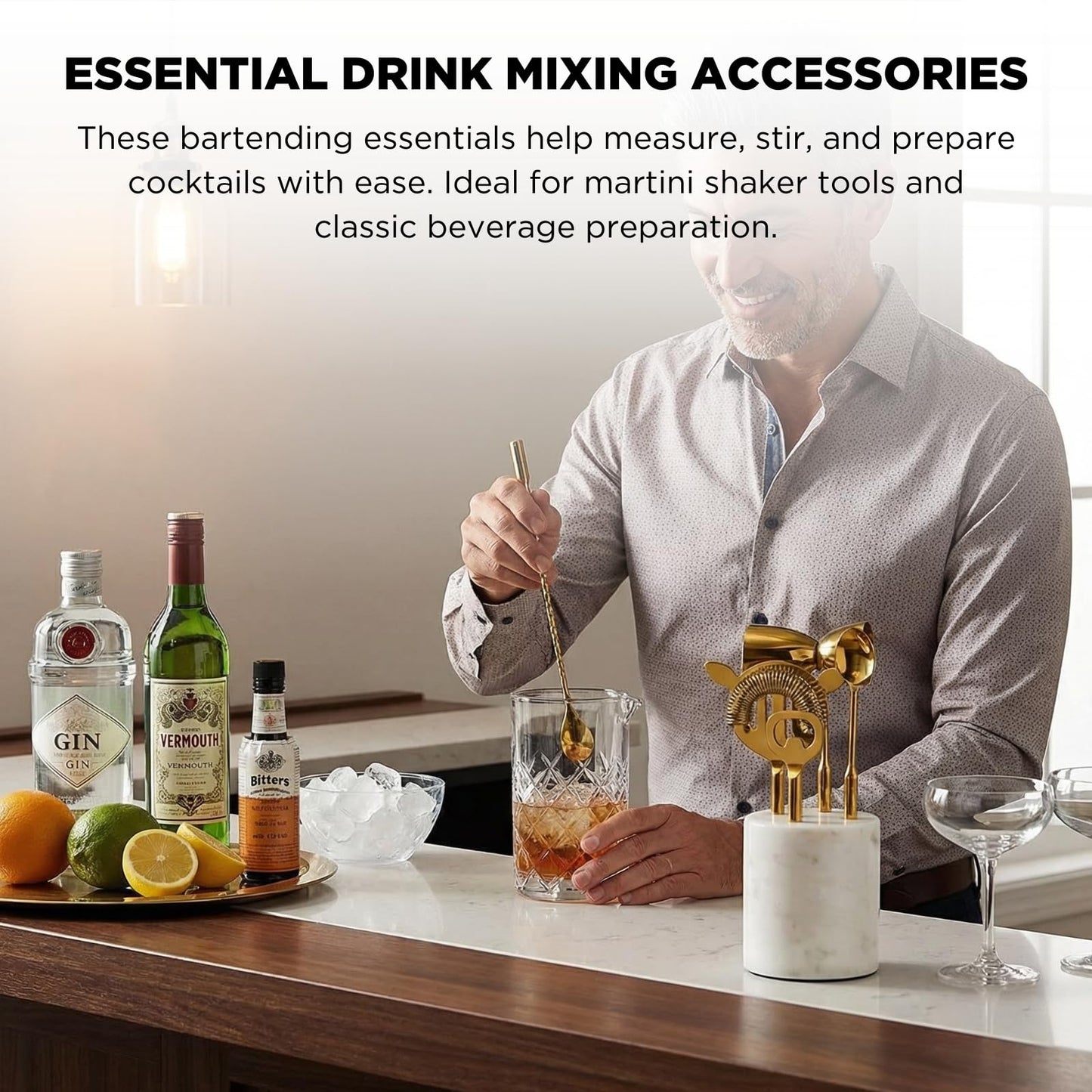 Gold Marble Cocktail Bar Tool Set, 5 Piece 9.06 x 3.75 Inch White Stone Holder Stainless Steel