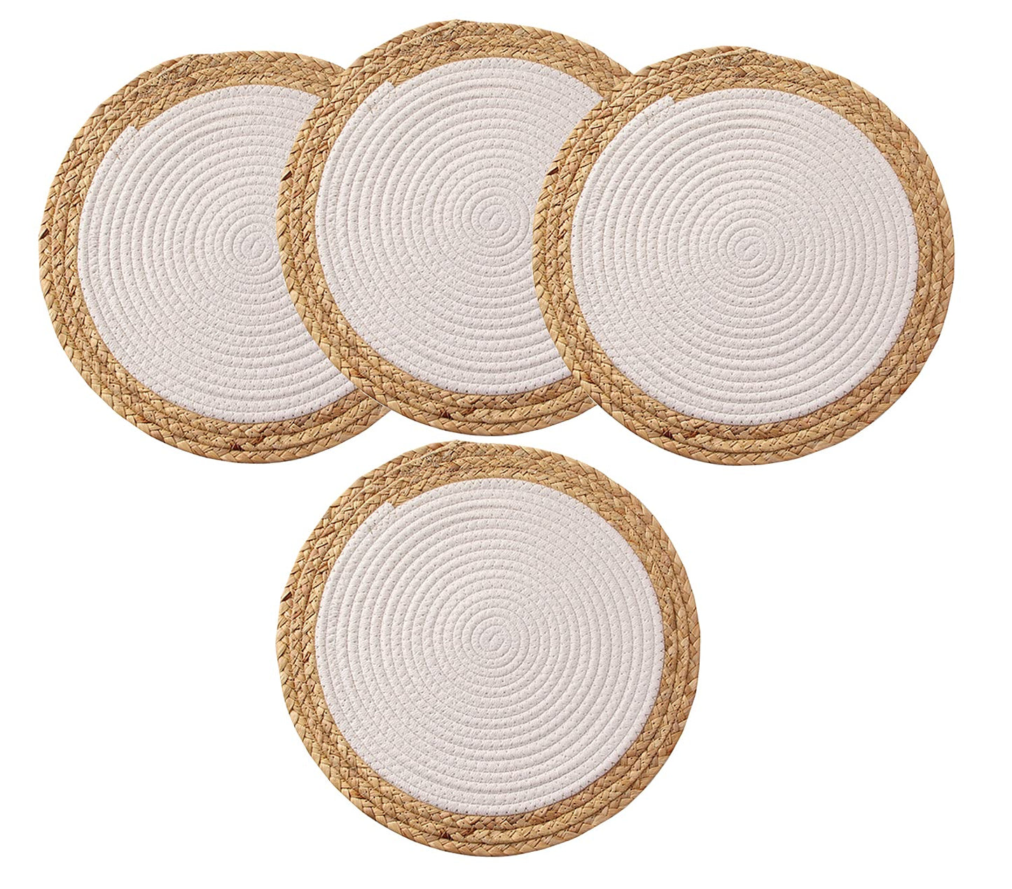 Fennco Styles Hand-Woven Rattan Cotton Rope Placemats Round, Set of 4 - Braided Table Mats Heat Resistant Insulation for Home, Boho Décor, Dining Table, Banquets, Special Events