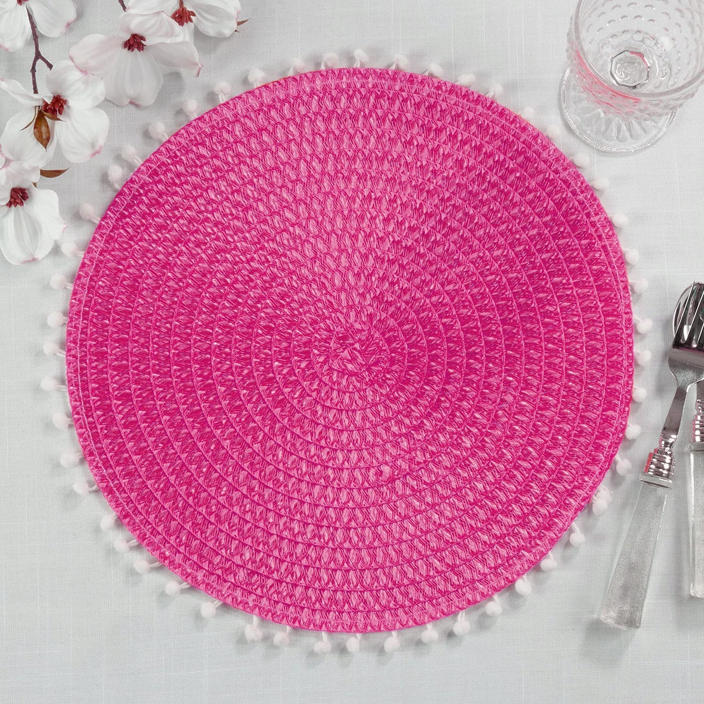Fennco Styles Pom Pom Textured Placemats 15 Inches Round, Set of 4 – Modern Traycloth Table Mats for Home, Dining Room Décor, Banquets, Indoor & Outdoor and Special Events
