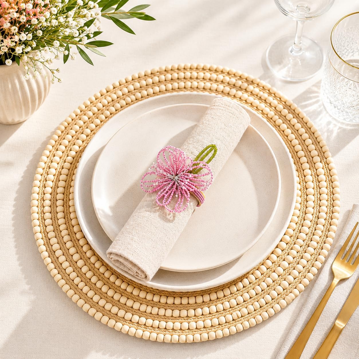 Fennco Styles Pink Beaded Flower Napkin Rings Set of 4, Handmade Floral Napkin Holders for Easter, Garden Parties, Bridal Showers, Weddings, and Everyday Entertaining