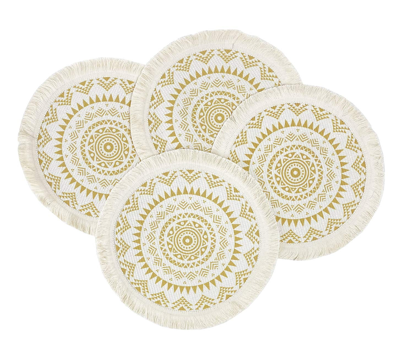 Fennco Styles Boho Mandala Fringe Decorative Cotton Placemats 13-inch Round, Set of 4 - Grey Heat Resistant Insulation Table Mats for Home Decor, Dining Table, Banquets and Special Events