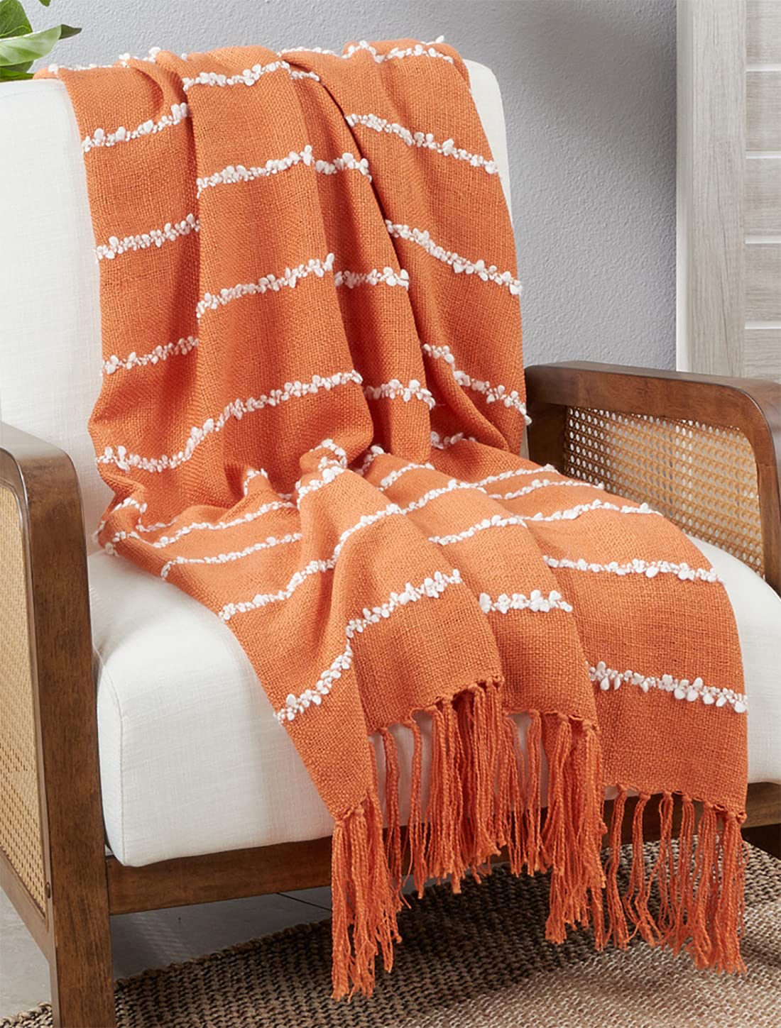 Fennco Styles Striped Design Tassel Throw Blanket 50" W x 60" L – Rust Woven Textured Blanket for Bed, Couch, Sofa, Holidays, Home Décor and Office Décor