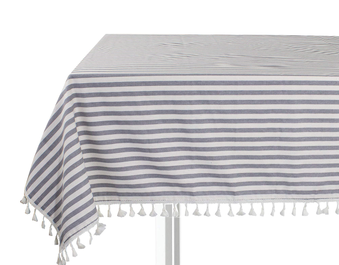 Fennco Styles Simply Striped Tassel Cotton Blend 55 x 55 Inch Tablecloth - Green Table Cover for Banquets, Holiday, Special Events, Outdoor and Home Décor