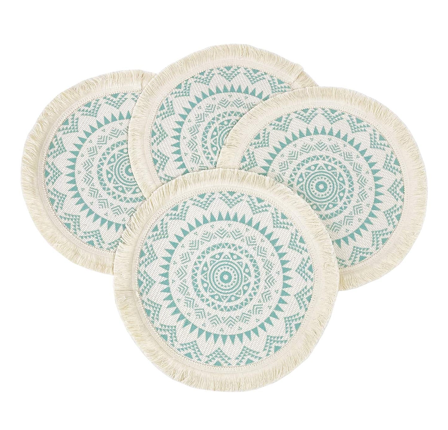 Fennco Styles Boho Mandala Fringe Decorative Cotton Placemats 13-inch Round, Set of 4 - Grey Heat Resistant Insulation Table Mats for Home Decor, Dining Table, Banquets and Special Events