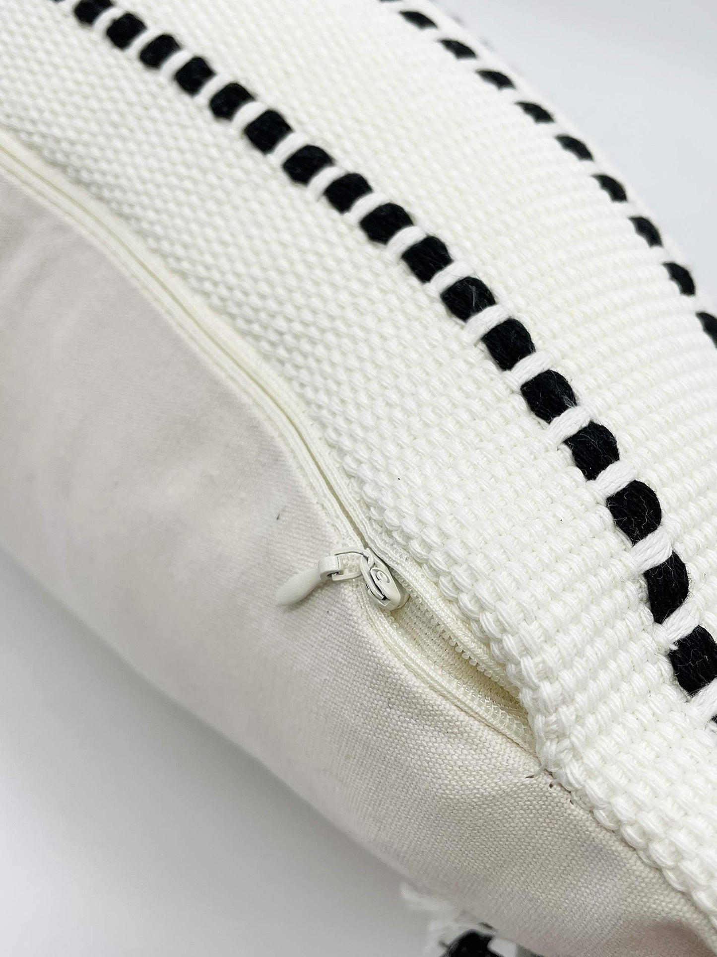 Fennco Styles Stitch Line Woven Fringe Cotton Decorative Throw Pillow 20" W x 20" L - White Cushion for Couch, Bedroom, Living Room and Office Décor