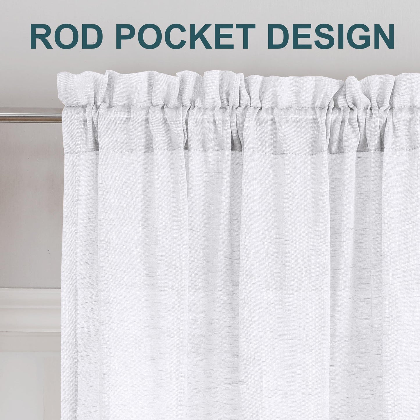 Turquoize Linen Sheer Rod Pocket Curtains 52x63in Set of 2 Pure White