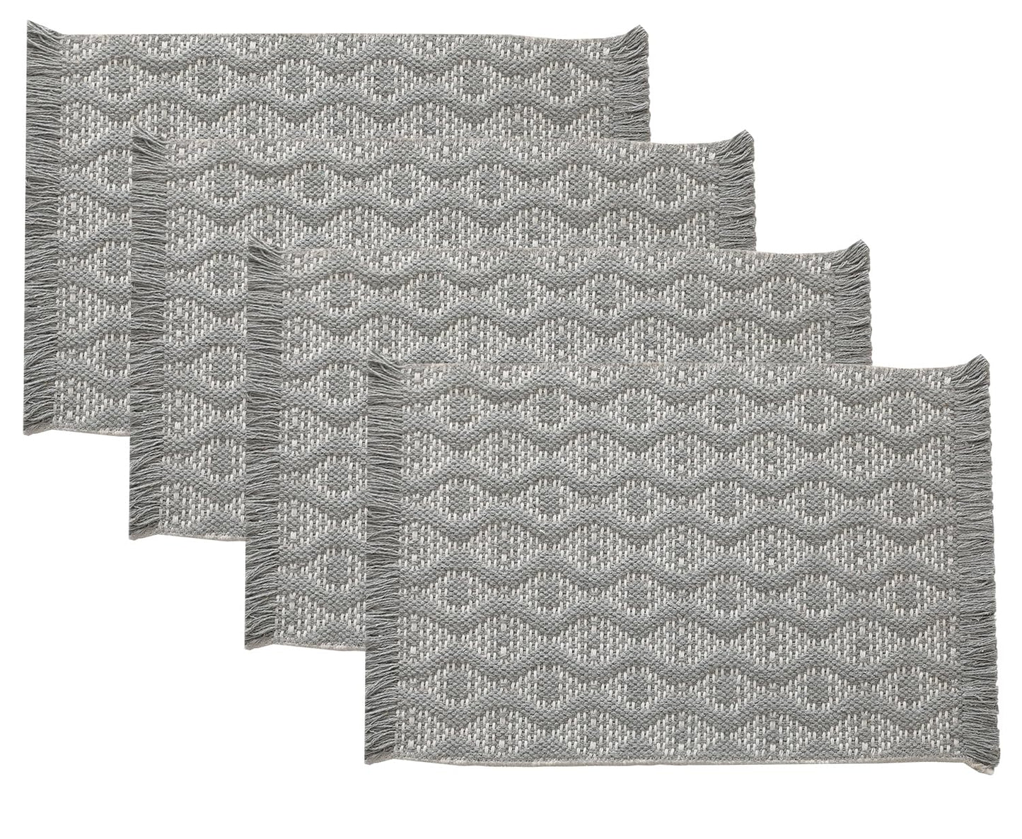 Fennco Styles Modern Diamond Woven Placemats 12" W x 19" L, Set of 4 - Grey Geometric Fringe Table Mats for Dining Room, Banquets, Family Gatherings, and Holidays