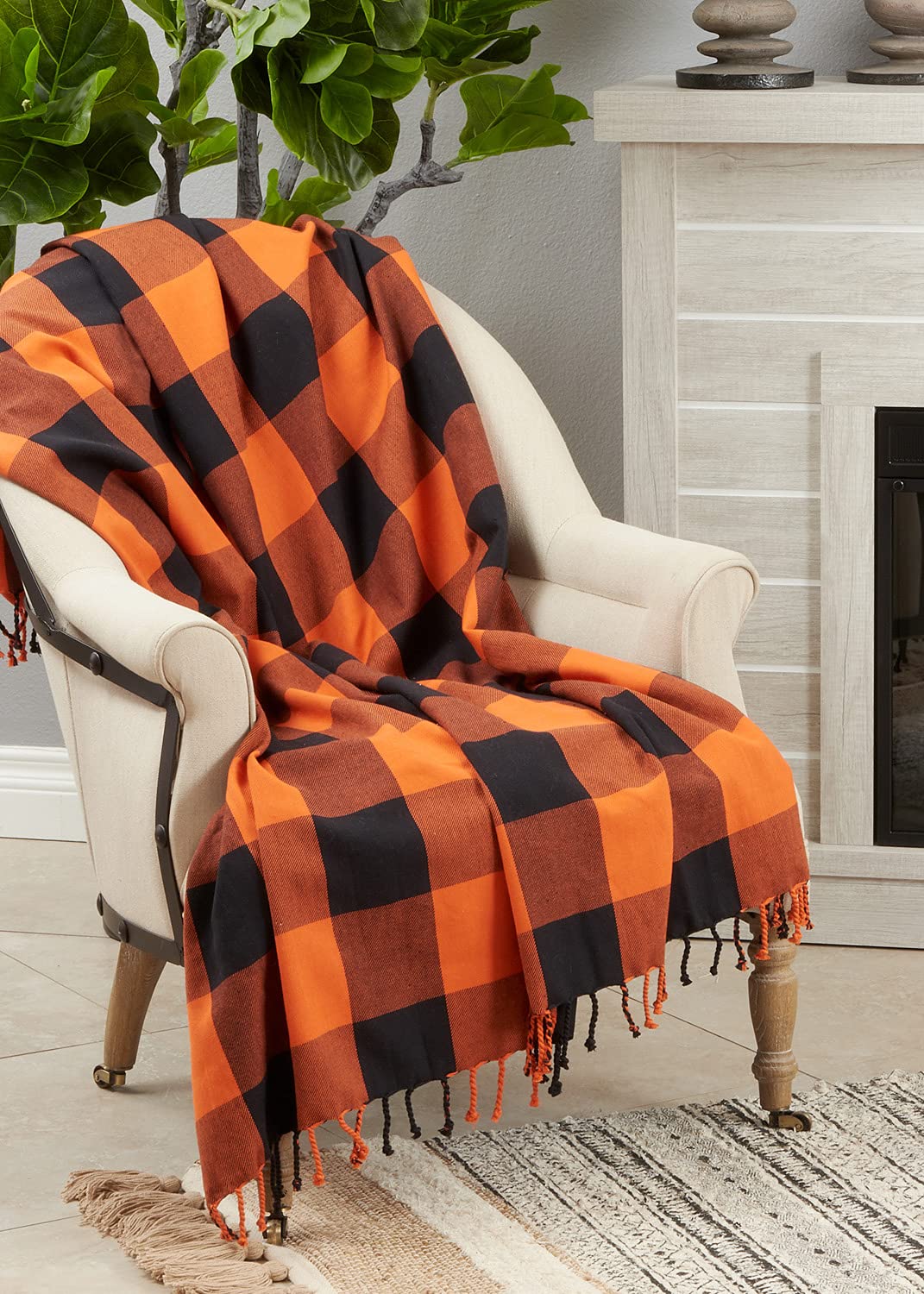 Fennco Styles Autumn Rustic Plaid Tassel Cotton Throw Blanket 50" W x 60" L – Black Orange Blanket for Couch, Bedroom and Living Room Décor