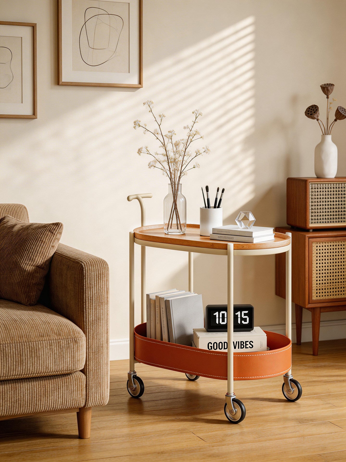 Vintage Movable Sofa Trolley Side Table with Storage