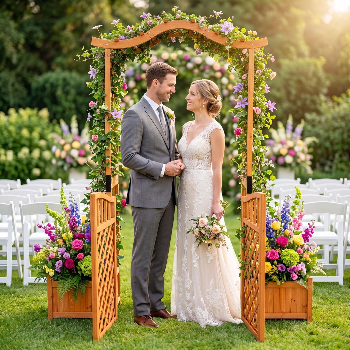 Garden Arbor with Gate and 2 Planter Boxes, 83" Yellow