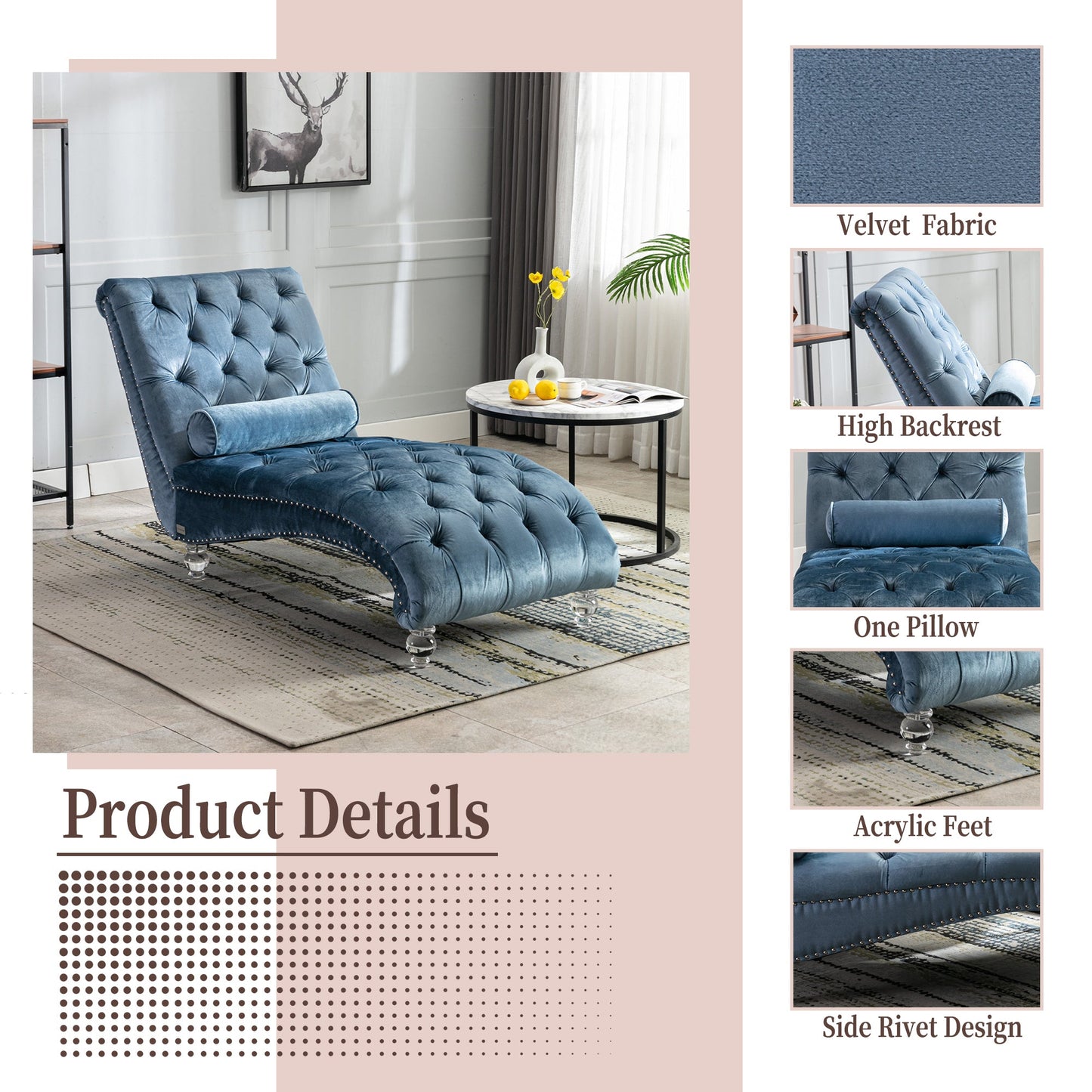Velvet Chaise Lounge Indoor, Button-Tufted Upholstered Chaise Lounge Chair